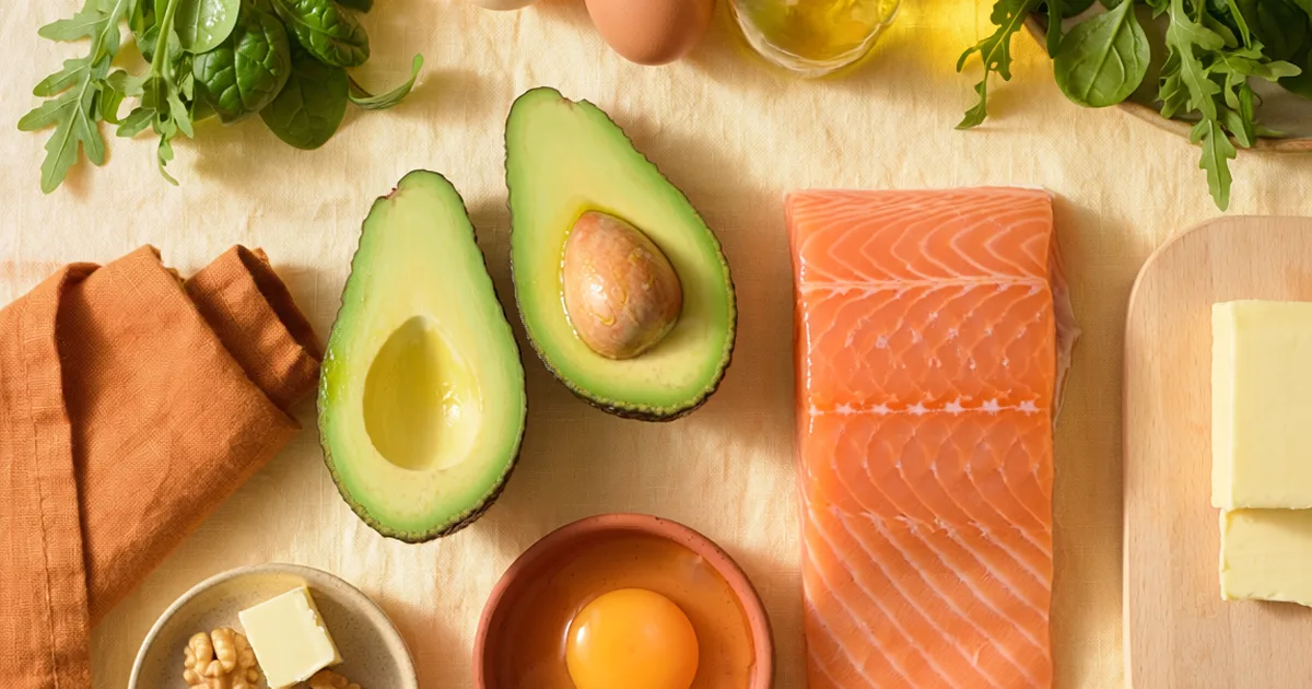 Flat lay fotografija keto namirnica: avokado, losos, jaja, orasi i maslinovo ulje